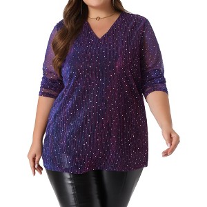Agnes Orinda Women's Plus Size Christmas Rhinestone Glitter Sheer Long Sleeve V Neck Blouses - 1 of 4