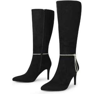 Allegra K Women's Rhinestone Crystal Chain Pointed Toe Stiletto Heels Knee High Boots - 1 of 4