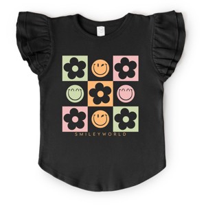 The Juniper Shop SmileyWorld Checkered Floral Smile Flutter Sleeve Tee - 1 of 4