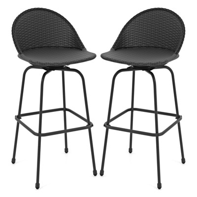 Tangkula Rattan Swivel Barstools Set of 2 w/ Curved Back & Heavy-Duty Metal Support
