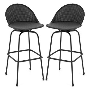 Tangkula Rattan Swivel Barstools Set of 2 w/ Curved Back & Heavy-Duty Metal Support - 1 of 4