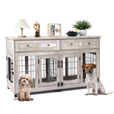 Dog Crate Furniture with 5 Doors, 58" Wooden Dog Kennel End Table with Large Capacity Drawers, Dog House with Openable Divider