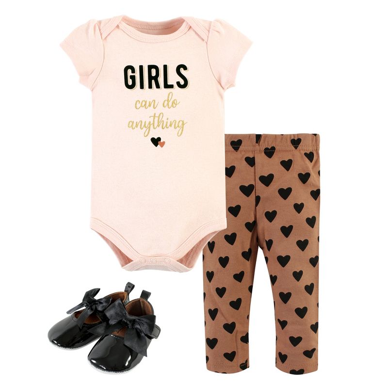 Hudson Baby Infant Girl Cotton Bodysuit, Pant and Shoe Set, Cinnamon Hearts Short Sleeve, 1 of 6