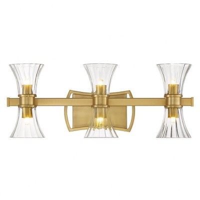 Warm Brass 6-Light Vanity with Clear Ribbed Glass Shades