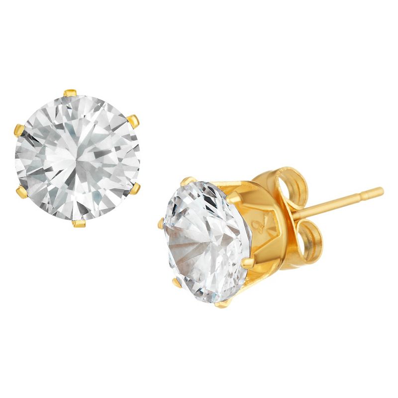 Women's Prong Set Cubic Zirconia Stud Gold Plated Stainless Steel Earrings (8mm) - Gold/Clear, 2 of 4