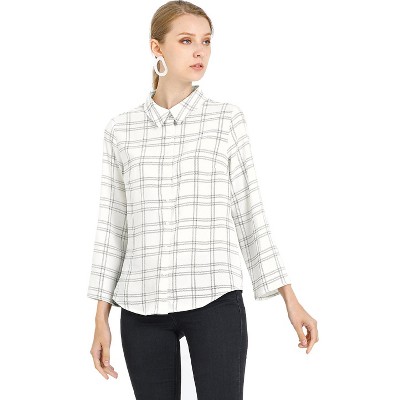 Allegra K Women's Point Collar Long Sleeve Plaid Button-Down Shirt