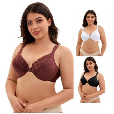 INSPIRE CHIC 3 Pcs Women's Front Closure Lace Trim Underwire Adjustable Straps Plunge Bras