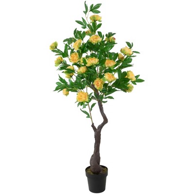 Northlight 63" Artificial Yellow and Green Peony Flower Potted Tree