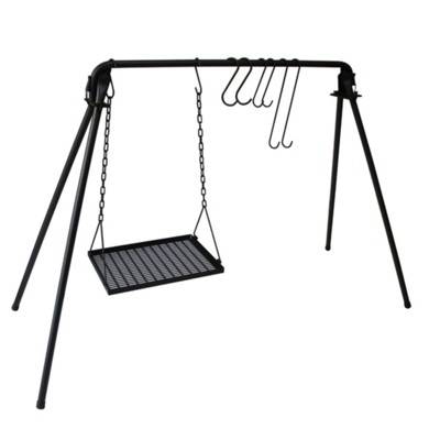 VisioGear Swing Hanging Cooking Rack with Adjustable Grill Grates, Foldable Campfire Cooking Rack with Hooks, Black, 58.6"*25.2"*38.58"