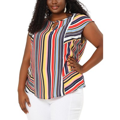 Agnes Orinda Women's Plus Size Blouse Keyhole Neck Cap Sleeve Stripe Top