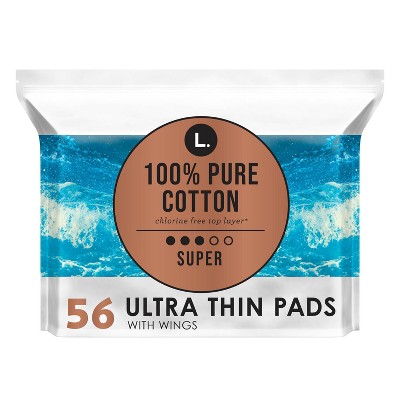 L . Pure Cotton Chlorine Free Top Layer Ultra Thin Super With Wings Unscented Absorbency  Pads  - 56ct