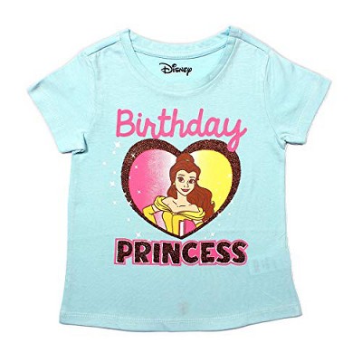 Disney Girl's Belle Birthday Princess Glitter Print Short Sleeve Graphic Tee for kids
