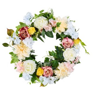 VEVOR Artificial Decorative Wreath, 24 in, Decorated with Peonies, Hydrangeas, Year Round Wreath, White&Pink&Yellow - 1 of 4