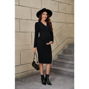 Coolmee Women Casual Maternity V Neck Lapel Button Up Slim Fit Ribbed Knit Long Sleeve Midi Dress - 1 of 3