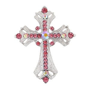 Anna-Kaci Silvery Tone Religious Cross Brooch Sparkling Aquamarine Blue or Victorian Clear Crystal Rhinestones - 1 of 4