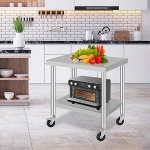 Silver Stainless Steel Rolling Kitchen Work Table with Adjustable Shelf, Lockable Wheels, Mobile Workstation for Bakery, Catering - 1 of 4