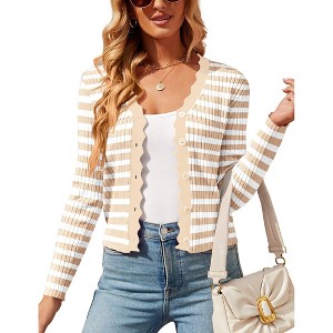 Womens Button Down Knit Striped Cardigan Long Sleeve Crop Tops Ribbed Textured Knit Cardigan with Wavy Neckline Slim Fit Knit Shrugs - 1 of 4