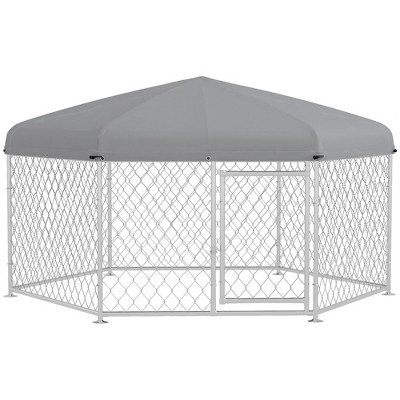 DOMETOUR Outdoor Dog Kennel with UV-Resistant Roof & Lockable Door, for Medium & Large Dogs, 6.9' x 6.1' x 4.9', Silver