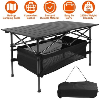 Portable Black Aluminum Folding Camping Table with Mesh Storage