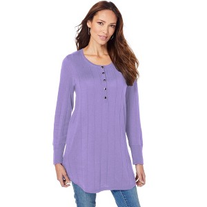 Roaman's Women's Plus Size Fine Gauge Drop Needle Henley Sweater - 1 of 4