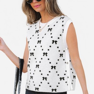 Amaryllis Women's Sleeveless Knit Sweater Vest Bow Pattern Side Button Detail Classic Crew Neck - 1 of 4