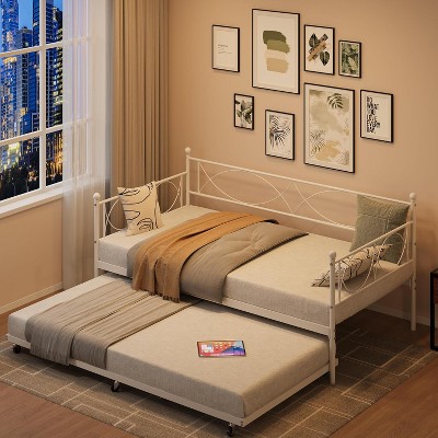Twin Daybed with Pull-Out Trundle, Metal Frame with Headboard & Steel Slat Support, 2-in-1 Space-Saving Twin Trundle Bed Frame for Bedroom