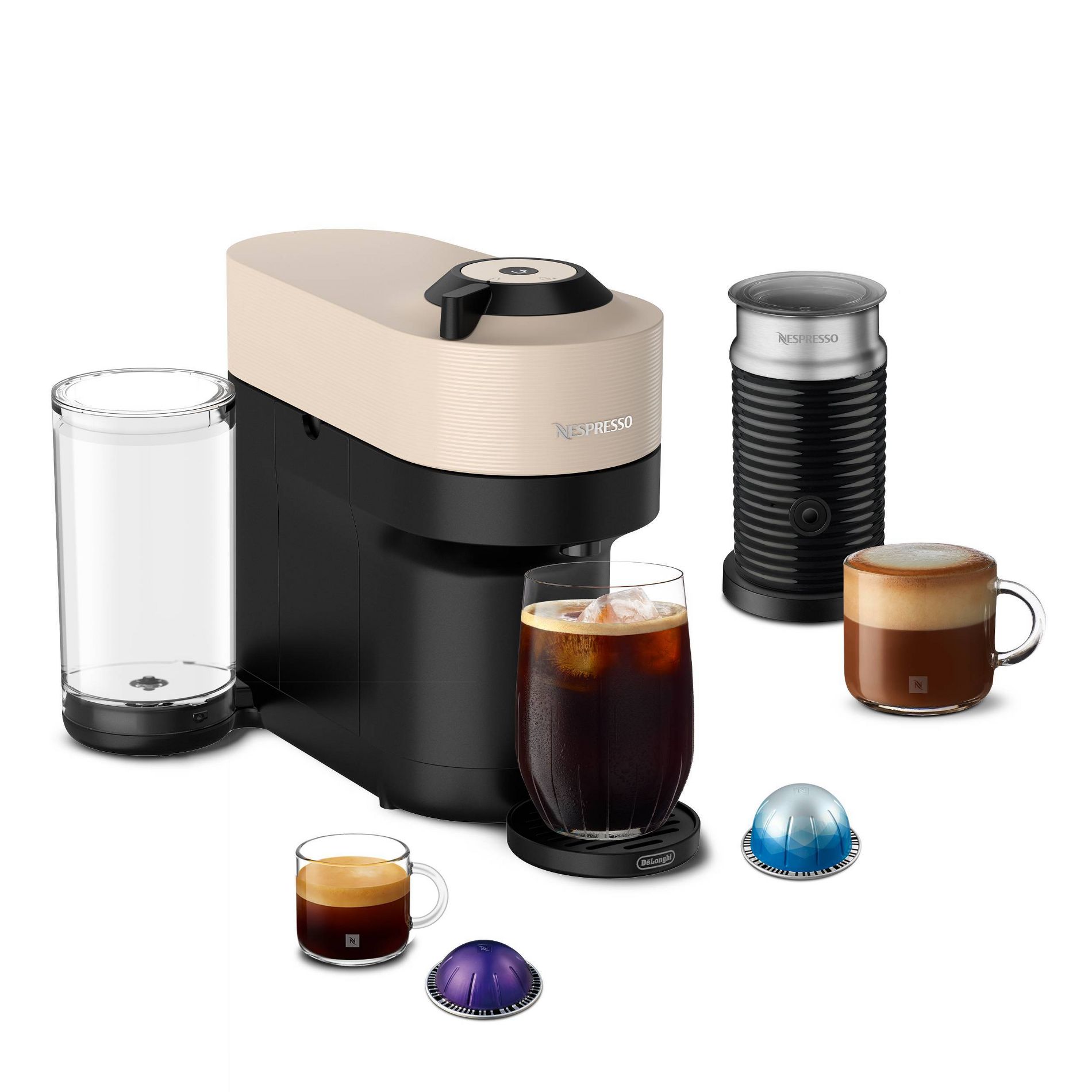 Nespresso Vertuo Pop+ Beige Coffee and Espresso Machine with Milk Frother by De'Longhi