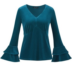 INSPIRE CHIC Women's Regular Fit V Neck Velvet Flare Long Sleeve Peplum Blouse - 1 of 4