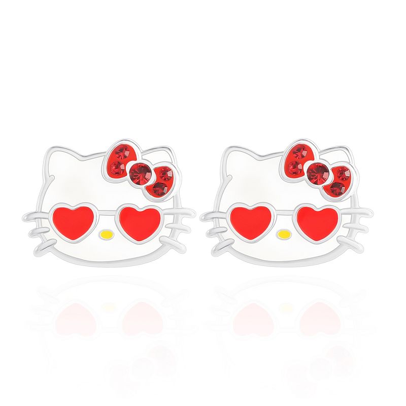 Sanrio Hello Kitty Brass Flash Silver Plated Crystal and Enamel Heart Sunglasses Head Stud Earrings, 3 of 4