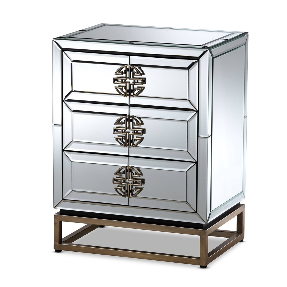 Laken Contemporary Glam and Luxe Mirrored and Antique Bronze Finished 3-Drawer Nightstand