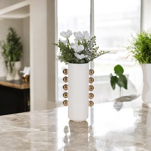 Modern Ceramic Vase with Metallic Accents - Home & Office Decor, Cylinder Shape, Decorative Centerpiece for Living Room, Bedroom - White & Gold - 1 of 4