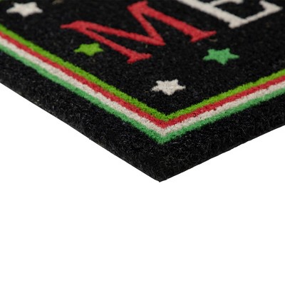 Black Coir Merry Christmas Doormat with Stars and Striped Border