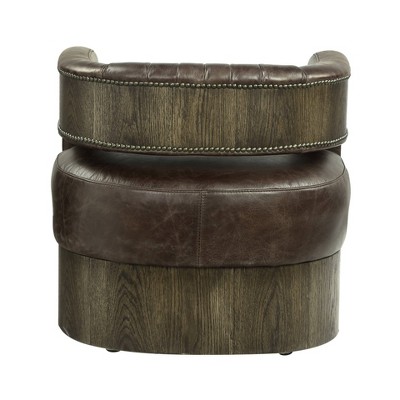 Espresso Leather Barrel Swivel Accent Chair with Wood Frame