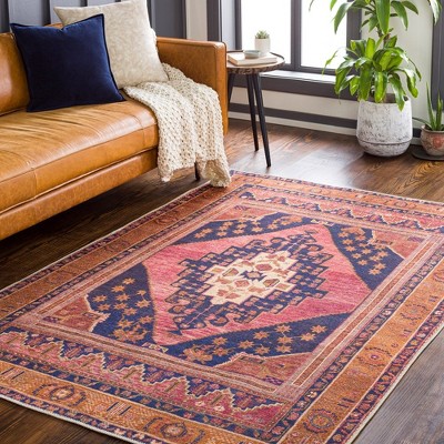 Western Springs Coral and Navy Wool Washable Area Rug 8' x 10'