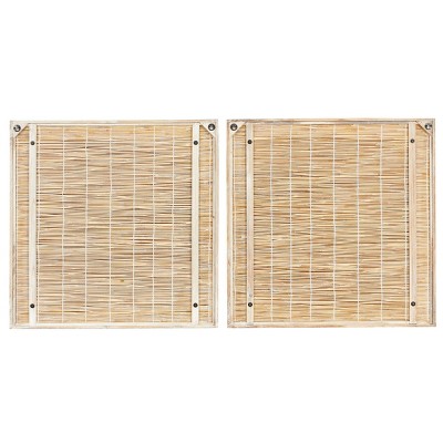 Blue and Green Abstract Leaf Wall Art with Brown Wood Frame, Set of 2