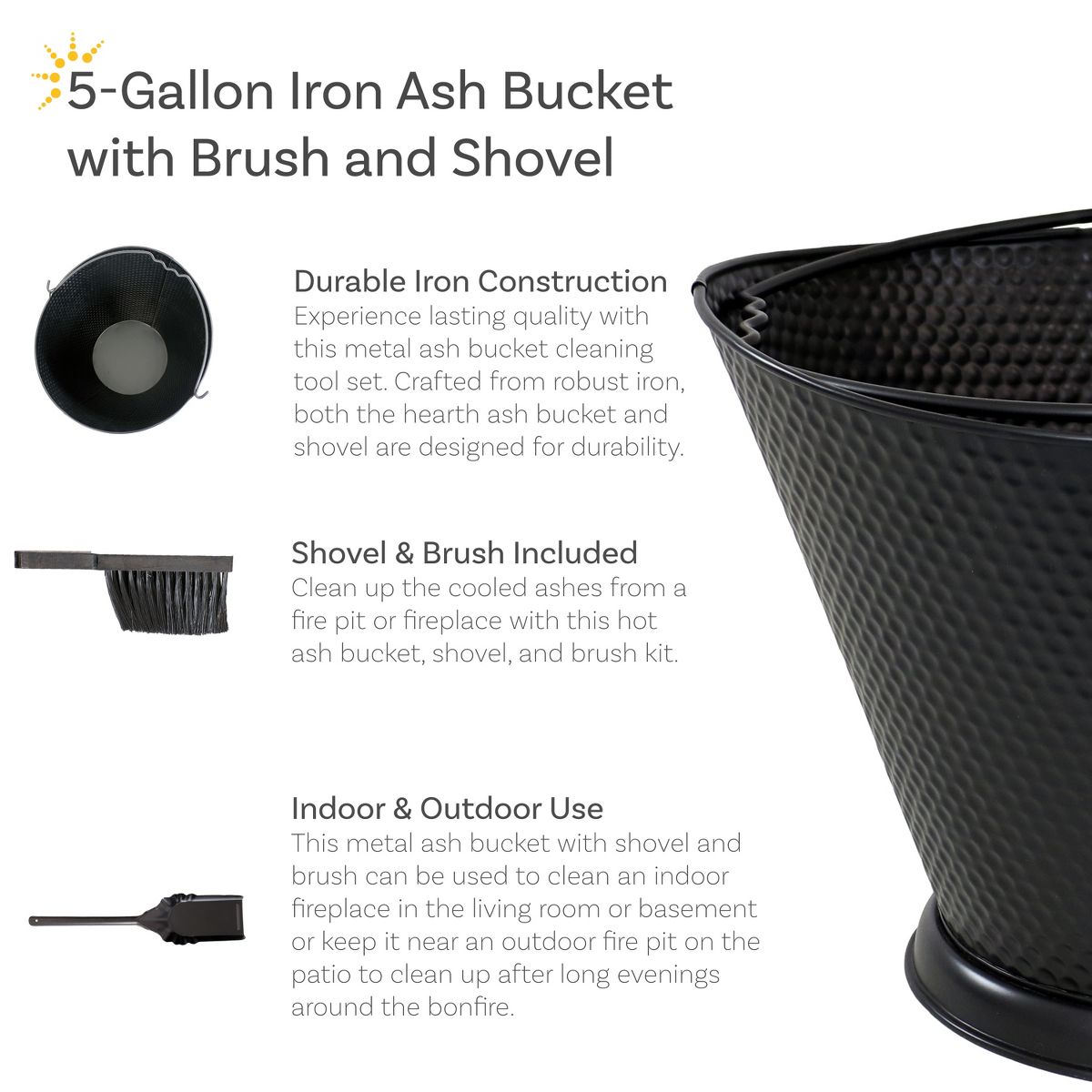Sunnydaze Indoor/Outdoor 5-Gallon Iron Coal and Ash Bucket with Shovel and Brush - Black - thumbnail 3