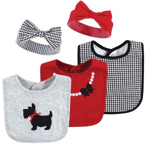 Hudson Baby Infant Girl Cotton Bib and Headband or Caps Set, Scottie Dog, One Size - 1 of 4
