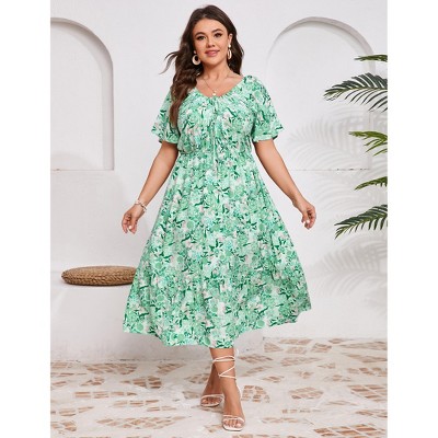 Plus Size Summer Dress for Women V Neck Tie Front Boho Maxi Dress Yellow Floral