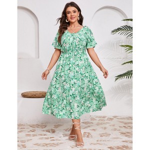 Plus Size Summer Dress for Women V Neck Tie Front Boho Maxi Dress Yellow Floral - 1 of 4