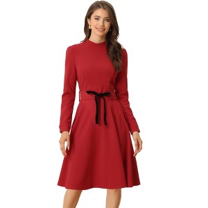 Allegra K Women's Elegant Work Sheath Mock Neck Flare Long Sleeve Knit Midi Dress - 1 of 4