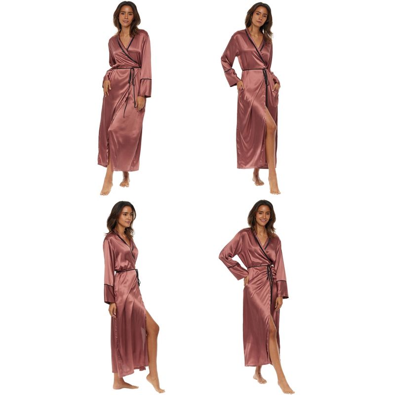 ADR Women's Long Satin Robe with Contrast Piping- Tie Belt, Pockets, Full Length, 3 of 7