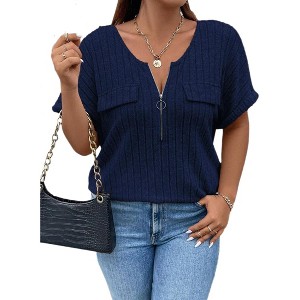 Plus Size Short Sleeve Summer Zipper V Neck Tops For Women Casual Tunic Shirts - 1 of 4