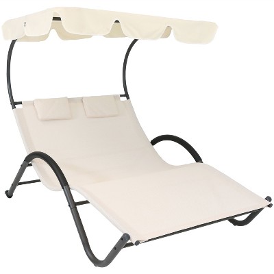 Sunnydaze Outdoor Double Chaise Lounge with Canopy Shade and Headrest Pillows, Beige