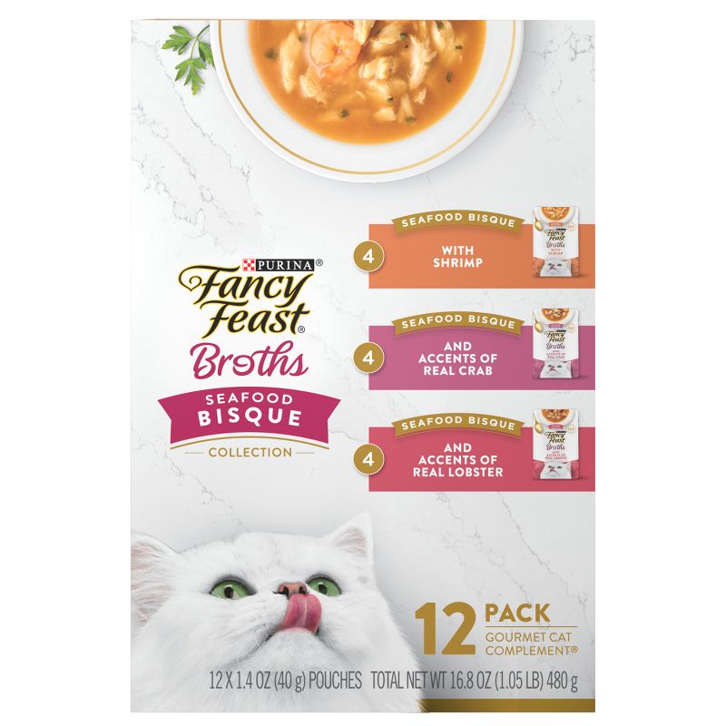 Purina Fancy Feast Broths Seafood Bisque &#38; Shrimp Gourmet Lickable Grain Free Wet Cat Food Variety Pack - 1.4oz /12ct, 6 of 10