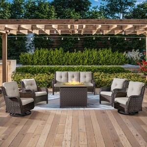 POCASSY 6-Piece Outdoor Furniture Set with Fire Pit Table, All Weather Wicker Outdoor Conversation Set Patio Sofa Set with Swivel Chairs and Fire Pit - 1 of 4