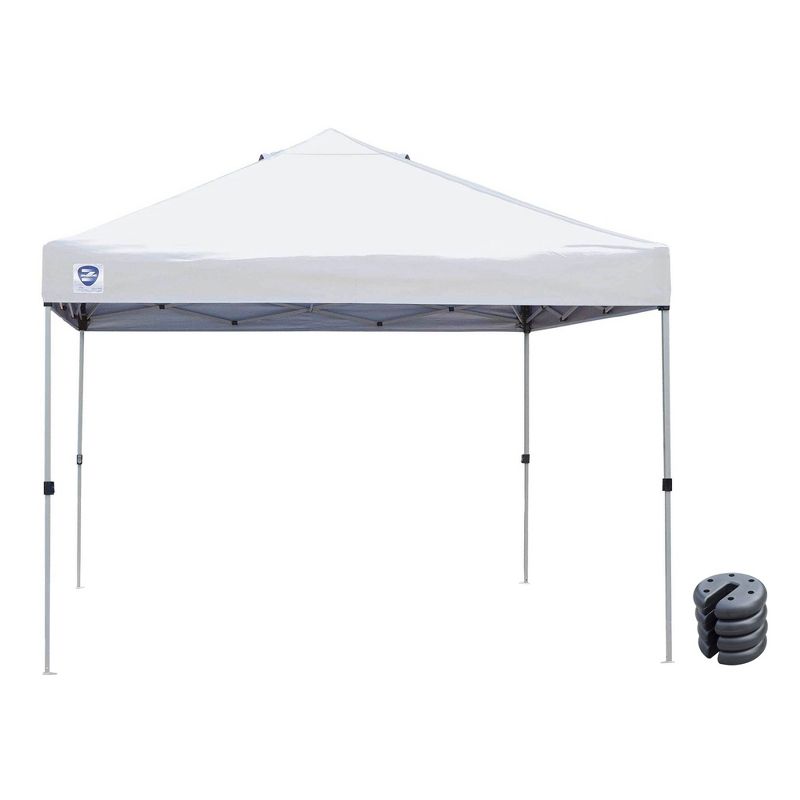 Z-Shade Angled Leg Canopy Tent with Push Button Locking System and 4 Pack of 5 Pound Plastic Concrete Filled Leg Weight Plates, White, 1 of 6