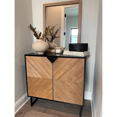 Matte Black and Brushed Fir Freestanding Storage Cabinet