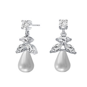 Guili Sterling Silver Rhodium Plated White Round Genuine Freshwater Pearl with Marquise and Round Cubic Zirconia Earrings, Pure Timeless Beauty - 1 of 3
