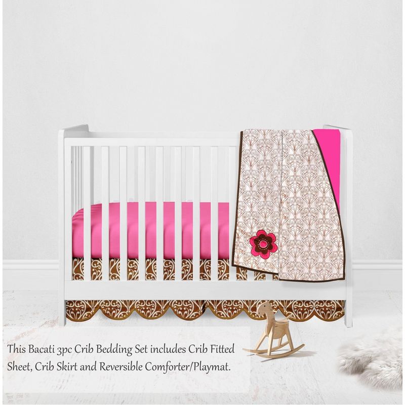 Bacati - Damask Pink Fuschia Chocolate 3 pc Crib Bedding Set, 3 of 8