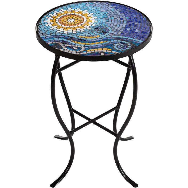 Teal Island Designs Modern Black Round Outdoor Accent Side Table 14" Wide Blue Ocean Mosaic Tabletop Front Porch Patio Home House, 5 of 8